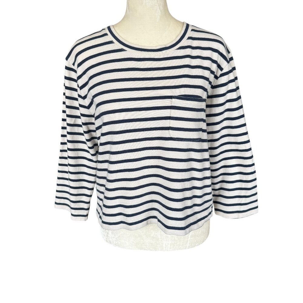 Madewell blue and white striped 3/4 sleeve pullover crop top women's size XS